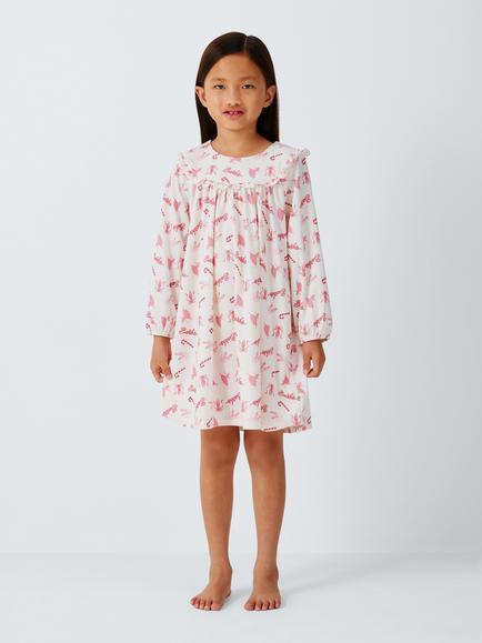 Brand Threads Kids' Cotton Barbie Nightdress, White Multi - view 2, White Multi