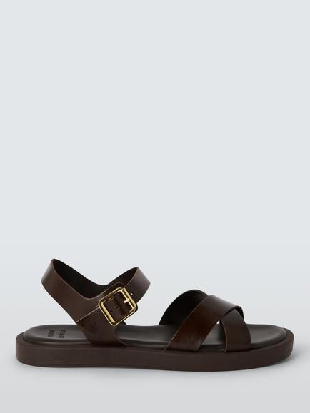 John Lewis Leighton Leather Cross Strap Footbed Sandals, Chocolate