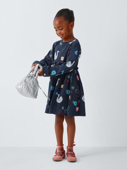 John Lewis Kids' Swan Floral Print Dress, Multi - view 2, Multi