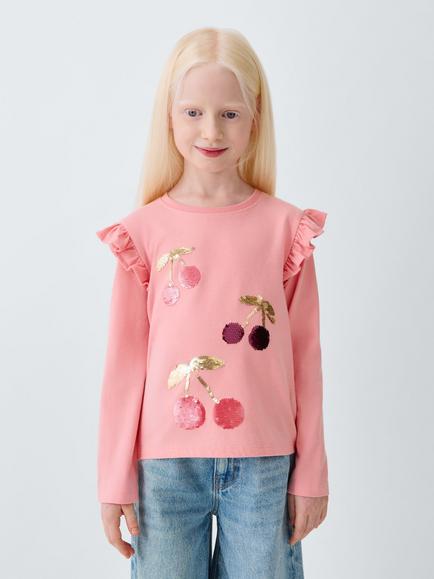 John Lewis Kids' Cherry Sequinned Long Sleeve Top, Pink/Red/White, Pink, Red, White