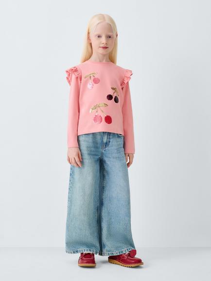 John Lewis Kids' Cherry Sequinned Long Sleeve Top, Pink/Red/White - view 2, Pink, Red, White