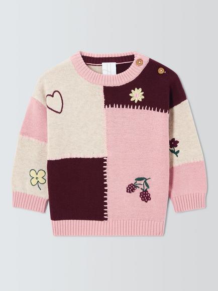 John Lewis Baby Patchwork Knit Jumper, Pink/Natural, Pink/Natural