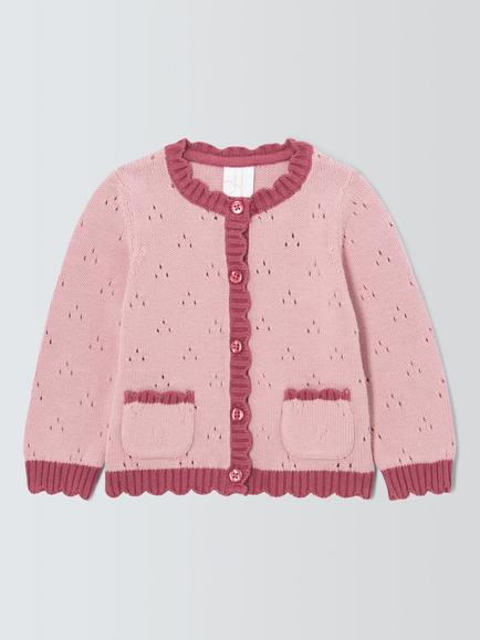 John Lewis Baby Pointelle Knit Cardgian, Red/Pink, Red/Pink