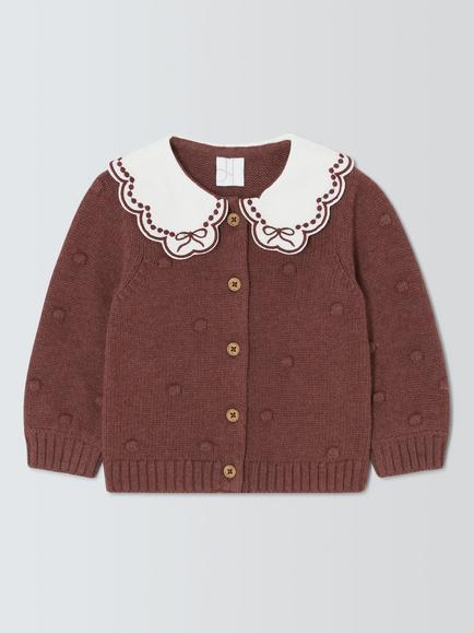 John Lewis Baby Embroidered Popcorn Knit Cardigan, Brown, Brown
