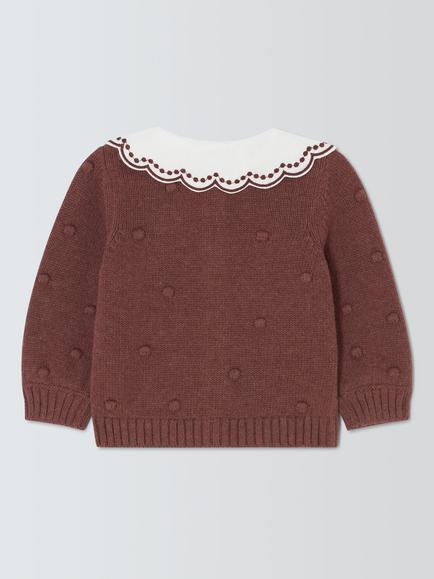 John Lewis Baby Embroidered Popcorn Knit Cardigan, Brown - view 2, Brown
