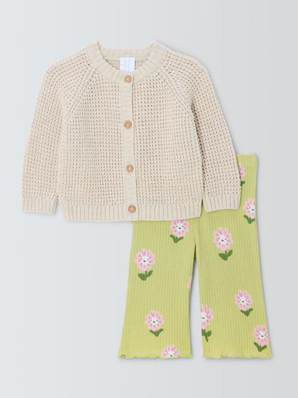 John Lewis Baby Flower Cardigan & Leggings Set, Green/Print, Green/Print