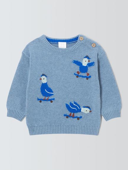 John Lewis Baby Skating Ducks Knitted Jumper, Blue, Blue Duck