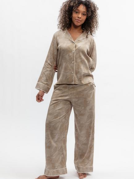 Fable & Eve Amber Contour Print Button Through Long Pyjama Set, Fawn, Fawn