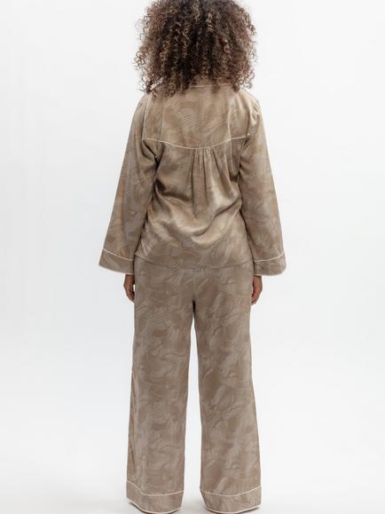 Fable & Eve Amber Contour Print Button Through Long Pyjama Set, Fawn - view 2, Fawn