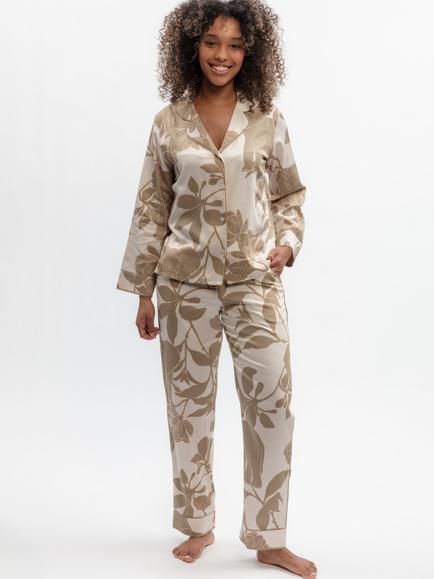 Fable & Eve Amber Elephant Print Button Through Long Pyjama Set, Fawn, Fawn
