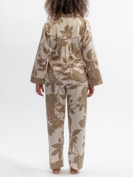 Fable & Eve Amber Elephant Print Button Through Long Pyjama Set, Fawn - view 2, Fawn
