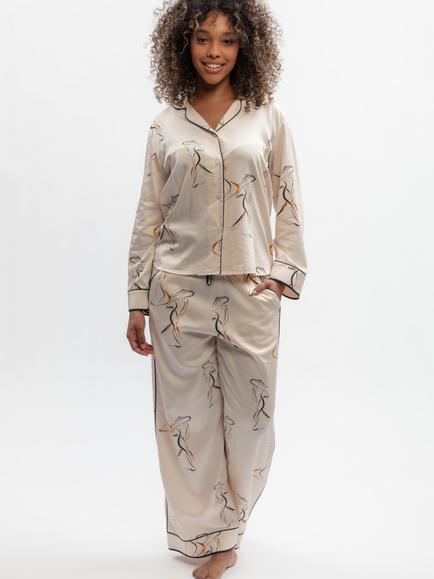 Fable & Eve Sapphire Parisian Chic Print Button Through Long Pyjama Set, Cream, Cream