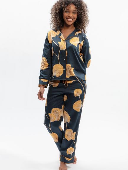 Fable & Eve Sapphire Leaf Print Button Through Long Pyjama Set, Navy, Navy