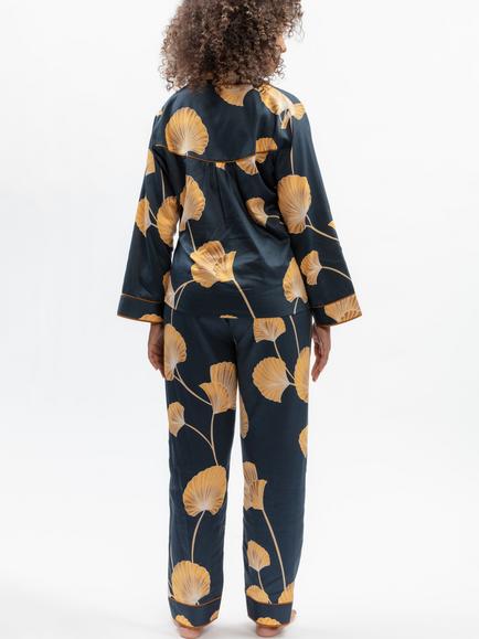 Fable & Eve Sapphire Leaf Print Button Through Long Pyjama Set, Navy - view 2, Navy