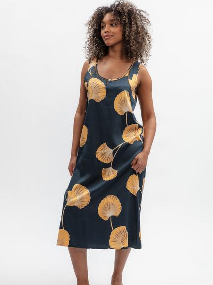 Fable & Eve Sapphire Leaf Print Nightdress, Navy, Navy