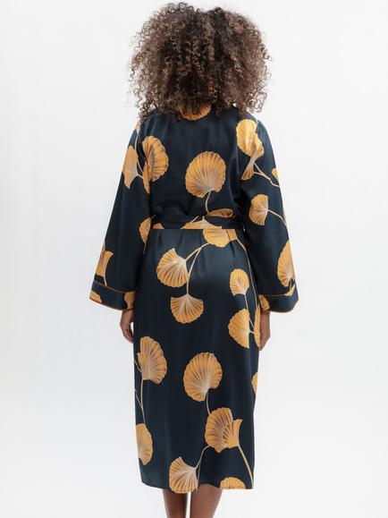 Fable & Eve Sapphire Leaf Print Dressing Gown, Navy - view 2, Navy