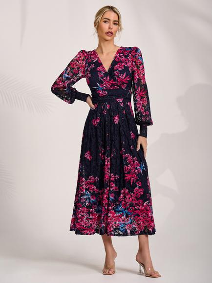 Jolie Moi Floral Long Sleeve Dress, Pink Multi, Pink Multi