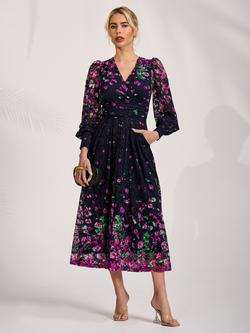 Jolie Moi Floral Lace Sleeve Maxi Dress, Fuchsia Floral, Fuchsia Floral