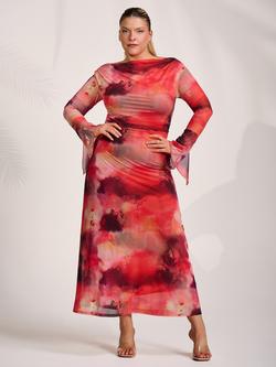Jolie Moi Slash Neck Long Sleeve Dress, Red Abstract, Red Abstract