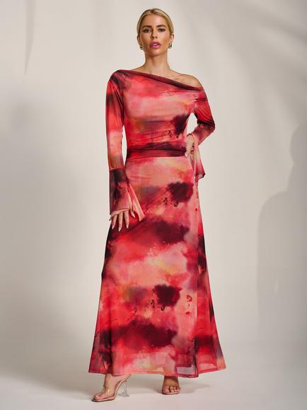 Jolie Moi Slash Neck Long Sleeve Dress, Red Abstract, Red Abstract