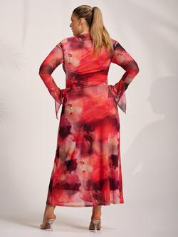 Jolie Moi Slash Neck Long Sleeve Dress, Red Abstract - view 2, Red Abstract