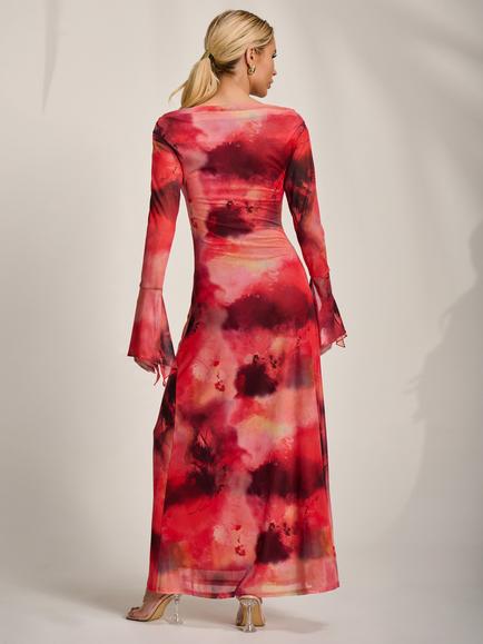 Jolie Moi Slash Neck Long Sleeve Dress, Red Abstract - view 2, Red Abstract