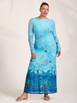 Jolie Moi Slash Neck Long Sleeve Dress, Blue Floral, Blue Floral