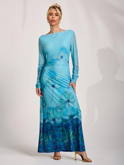 Jolie Moi Slash Neck Long Sleeve Dress, Blue Floral, Blue Floral