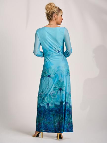 Jolie Moi Slash Neck Long Sleeve Dress, Blue Floral - view 2, Blue Floral