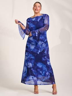 Jolie Moi Slash Neck Mesh Maxi Dress, Blue Abstract, Blue Abstract