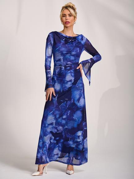 Jolie Moi Slash Neck Mesh Maxi Dress, Blue Abstract, Blue Abstract
