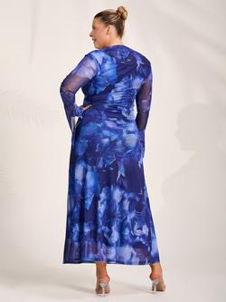 Jolie Moi Slash Neck Mesh Maxi Dress, Blue Abstract - view 2, Blue Abstract