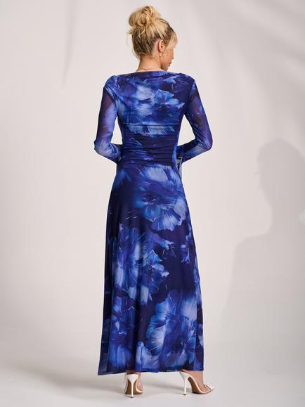 Jolie Moi Slash Neck Mesh Maxi Dress, Blue Abstract - view 2, Blue Abstract