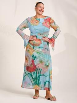 Jolie Moi Slash Neck Mesh Maxi Dress, Blue Floral, Blue Floral
