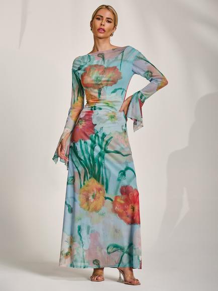 Jolie Moi Slash Neck Mesh Maxi Dress, Blue Floral, Blue Floral