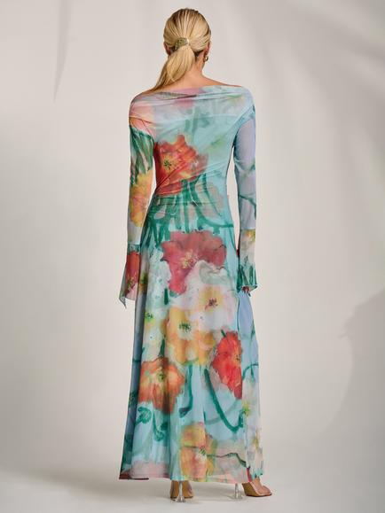 Jolie Moi Slash Neck Mesh Maxi Dress, Blue Floral - view 2, Blue Floral