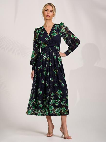 Jolie Moi Floral Lace Sleeve Maxi Dress, Navy Floral, Navy Floral