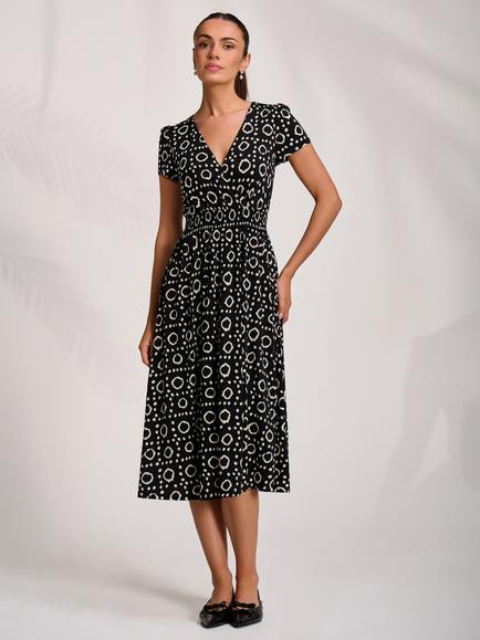 Jolie Moi Geometric Wrap Front Jersey Dress, Black Geo, Black Geo