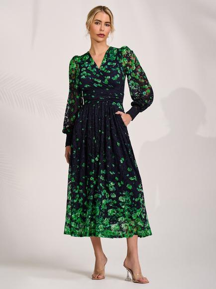 Jolie Moi Floral Lace Sleeve Maxi Dress, Green Floral, Green Floral