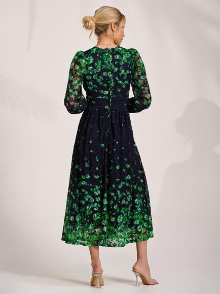 Jolie Moi Floral Lace Sleeve Maxi Dress, Green Floral - view 2, Green Floral