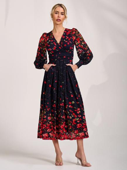 Jolie Moi Floral Lace Sleeve Maxi Dress, Red Floral, Red Floral