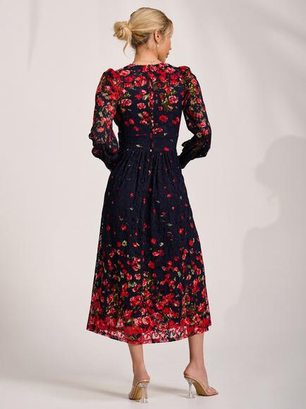 Jolie Moi Floral Lace Sleeve Maxi Dress, Red Floral - view 2, Red Floral