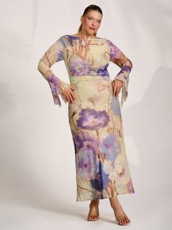 Jolie Moi Slash Neck Long Sleeve Maxi Dress, Yellow Floral, Yellow Floral