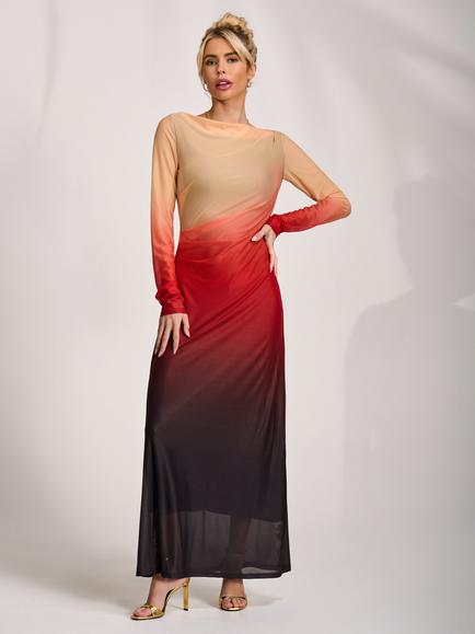 Jolie Moi Slash Neck Long Sleeve Maxi Dress, Orange Ombre, Orange Ombre