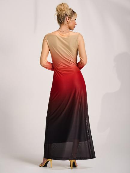 Jolie Moi Slash Neck Long Sleeve Maxi Dress, Orange Ombre - view 2, Orange Ombre