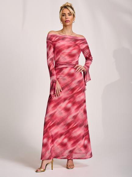 Jolie Moi Slash Neck Long Sleeve Maxi Dress, Pink Abstract, Pink Abstract