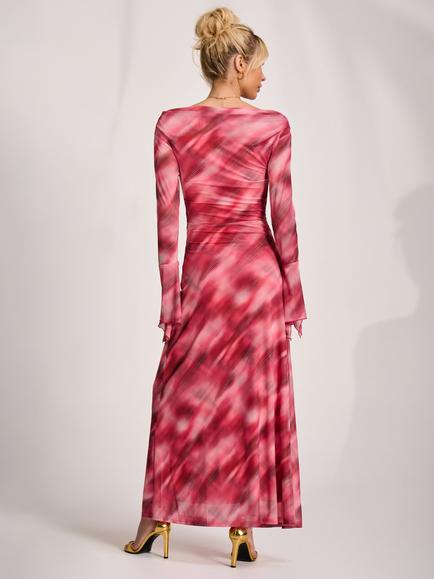 Jolie Moi Slash Neck Long Sleeve Maxi Dress, Pink Abstract - view 2, Pink Abstract