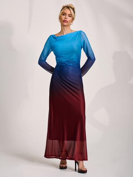 Jolie Moi Slash Neck Long Sleeve Maxi Dress, Burgundy Ombre, Burgundy Ombre