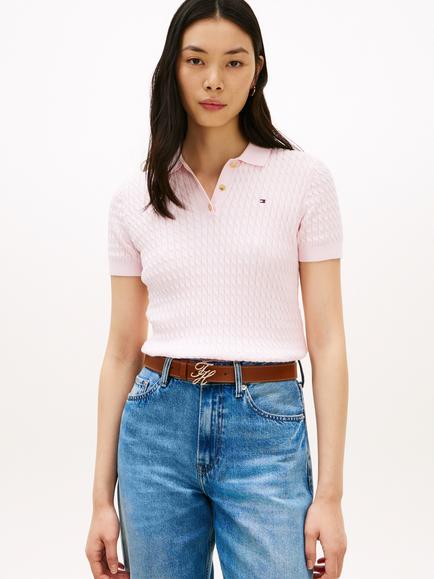 Tommy Hilfiger Logo Cable Knit Polo Jumper, Light Pink, Light Pink