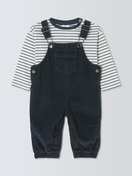 John Lewis Baby Corduroy Dungaree and Striped Top Set, Navy, Navy